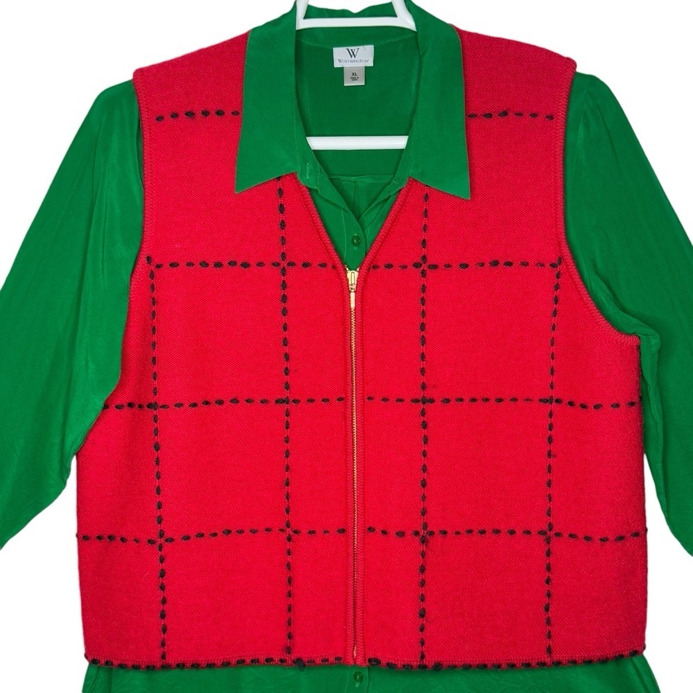 Karen Scott Wool Red and Black Plaid Zip Up Sleeveless Sweater Vest Size XL